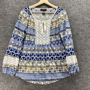 Style&co. Blouse Women S Small Blue Striped Tasseled Long Sleeve Rayon Crochet